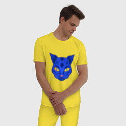 Пижама хлопковая мужская Иллюстрация неоновой кошки, цвет: желтый — фото 2