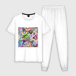 Пижама хлопковая мужская Абстрактные акварельные разноцветные растения, цвет: белый