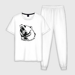 Пижама хлопковая мужская Медведь арт чб, цвет: белый