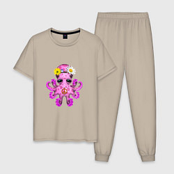 Пижама хлопковая мужская Мир - Розовый Осьминог, цвет: миндальный
