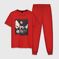 Пижама хлопковая мужская Оранжевая луна и хайкинг, цвет: красный