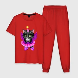 Пижама хлопковая мужская Черная кошечка балерина, цвет: красный