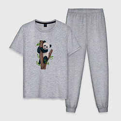 Пижама хлопковая мужская Панда висит на дереве, цвет: меланж