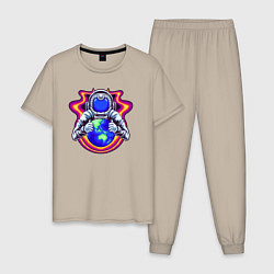 Пижама хлопковая мужская Космонавт возле планеты, цвет: миндальный