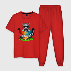 Пижама хлопковая мужская Хиппи енот, цвет: красный