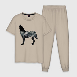 Пижама хлопковая мужская Ночной волк и лес, цвет: миндальный