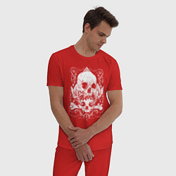 Пижама хлопковая мужская Череп над черепом и летучие мыши - герб, цвет: красный — фото 2
