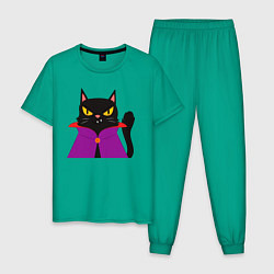 Пижама хлопковая мужская Чёрный котик-волшебник, цвет: зеленый