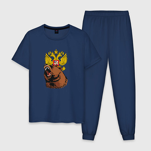 Мужская пижама Патриотичный медведь на фоне герба / Тёмно-синий – фото 1