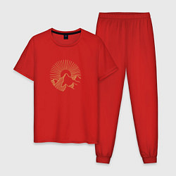 Пижама хлопковая мужская Горы и солнце в круге, цвет: красный