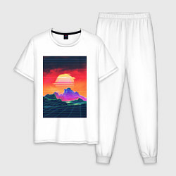 Пижама хлопковая мужская Синтвейв горы на закате, цвет: белый