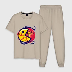 Пижама хлопковая мужская Pacman из ретро игры извергает пламя, цвет: миндальный