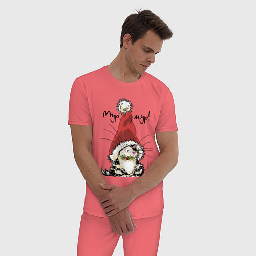 Мужская пижама Мур-мур! Котенок в большой красной шапке / Коралловый – фото 3