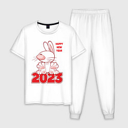 Пижама хлопковая мужская Happy New Year, 2023, кролик сидит на цифрах, цвет: белый