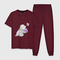 Пижама хлопковая мужская Кролик дарит цветы тебе, цвет: меланж-бордовый