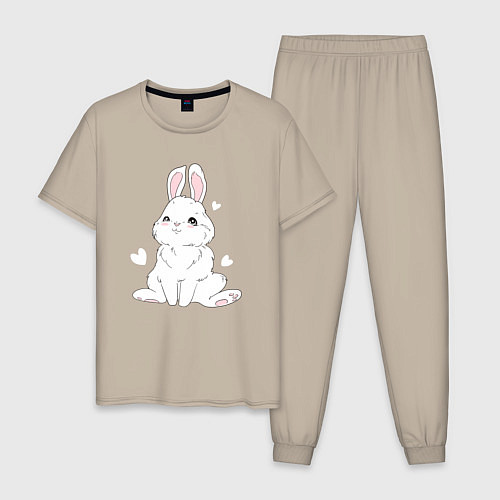 Мужская пижама Милый белый зайчик с сердечками / Миндальный – фото 1