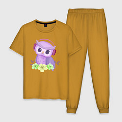 Пижама хлопковая мужская Милый совёнок в наушниках, цвет: горчичный
