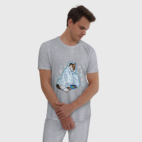 Мужская пижама Зимний кот в одеялке с книгой / Меланж – фото 3