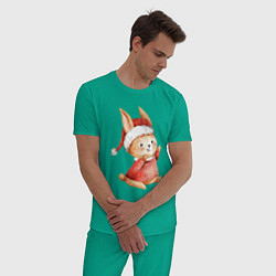 Пижама хлопковая мужская Зайчик в новогоднем колпаке, цвет: зеленый — фото 2