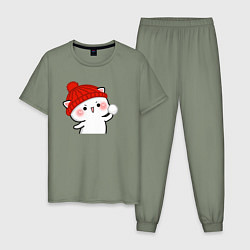 Пижама хлопковая мужская Игра в снежки - белый котик, цвет: авокадо