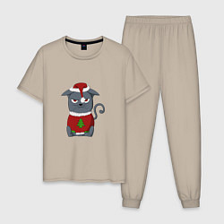 Пижама хлопковая мужская Недовольный новогодний кот, цвет: миндальный