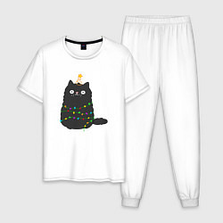 Пижама хлопковая мужская Котик притворился ёлочкой, цвет: белый