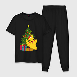 Пижама хлопковая мужская Новогодний Пикачу и елка, цвет: черный