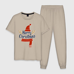 Пижама хлопковая мужская 2023 Merry Christmas, цвет: миндальный