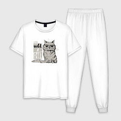 Пижама хлопковая мужская Дикий и свободный кот, цвет: белый