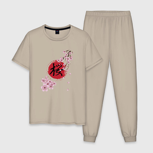 Мужская пижама Цветущая вишня и красный круг с японским иероглифо / Миндальный – фото 1