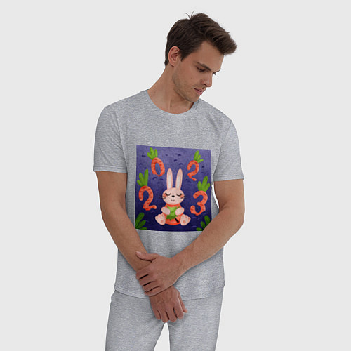 Мужская пижама Новый год 2023, заяц с ёлочкой и цифрами морковкам / Меланж – фото 3