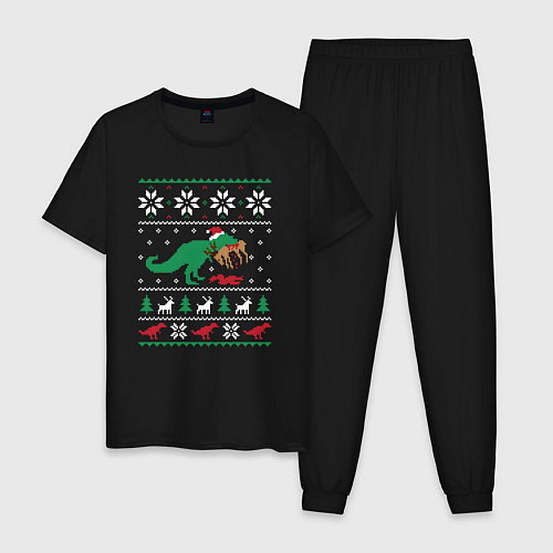 Мужская пижама Новогодний тирекс - ugly sweater / Черный – фото 1