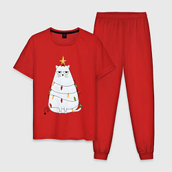Пижама хлопковая мужская Кот-ёлка, цвет: красный