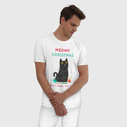 Пижама хлопковая мужская Meowy Christmas and a happy purr year, цвет: белый — фото 2