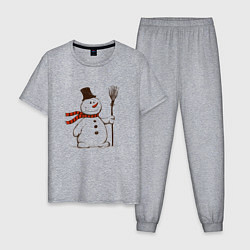 Пижама хлопковая мужская Новогодний снеговик с метлой, цвет: меланж