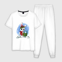 Пижама хлопковая мужская Rabbit with a New Years gift, цвет: белый