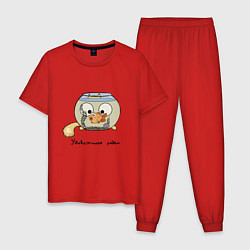 Пижама хлопковая мужская Кот и аквариум, цвет: красный