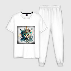 Мужская пижама Абстрактный акварельный кот с колпаком и брызгами