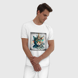 Пижама хлопковая мужская Абстрактный акварельный кот с колпаком и брызгами, цвет: белый — фото 2