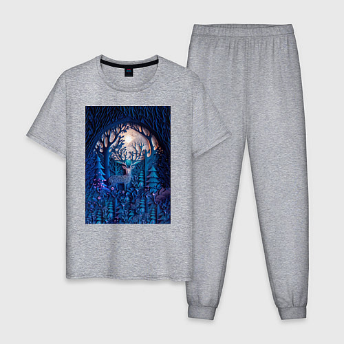 Мужская пижама Объемная иллюстрация из бумаги лес и олень на сине / Меланж – фото 1
