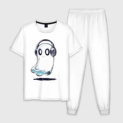 Пижама хлопковая мужская Прикольный призрак в наушниках, цвет: белый