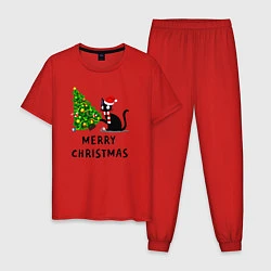 Пижама хлопковая мужская Кот валит новогоднюю ёлку, цвет: красный