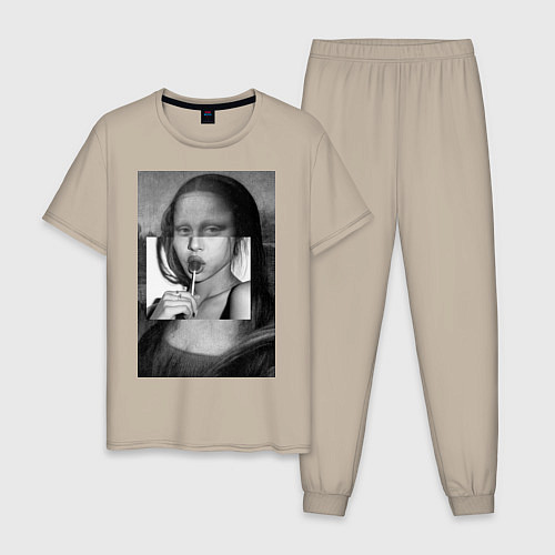 Мужская пижама Мона Лиза с чупа чупсом - чёрно белая / Миндальный – фото 1