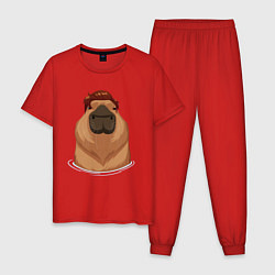 Пижама хлопковая мужская Капибара гигачад с шевелюрой, цвет: красный
