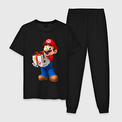 Пижама хлопковая мужская Марио держит подарок, цвет: черный