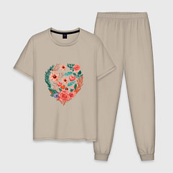 Пижама хлопковая мужская Цветочное сердце с розами и астрами, цвет: миндальный