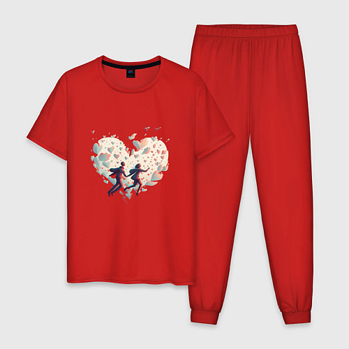 Мужская пижама Влюбленные летят на фоне сердца / Красный – фото 1