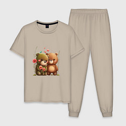 Пижама хлопковая мужская Плюшевые медведи с сердцем, цвет: миндальный
