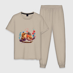 Пижама хлопковая мужская Влюбленные птички арт, цвет: миндальный