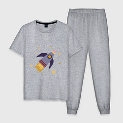 Пижама хлопковая мужская Космическая ракета и звезды, цвет: меланж